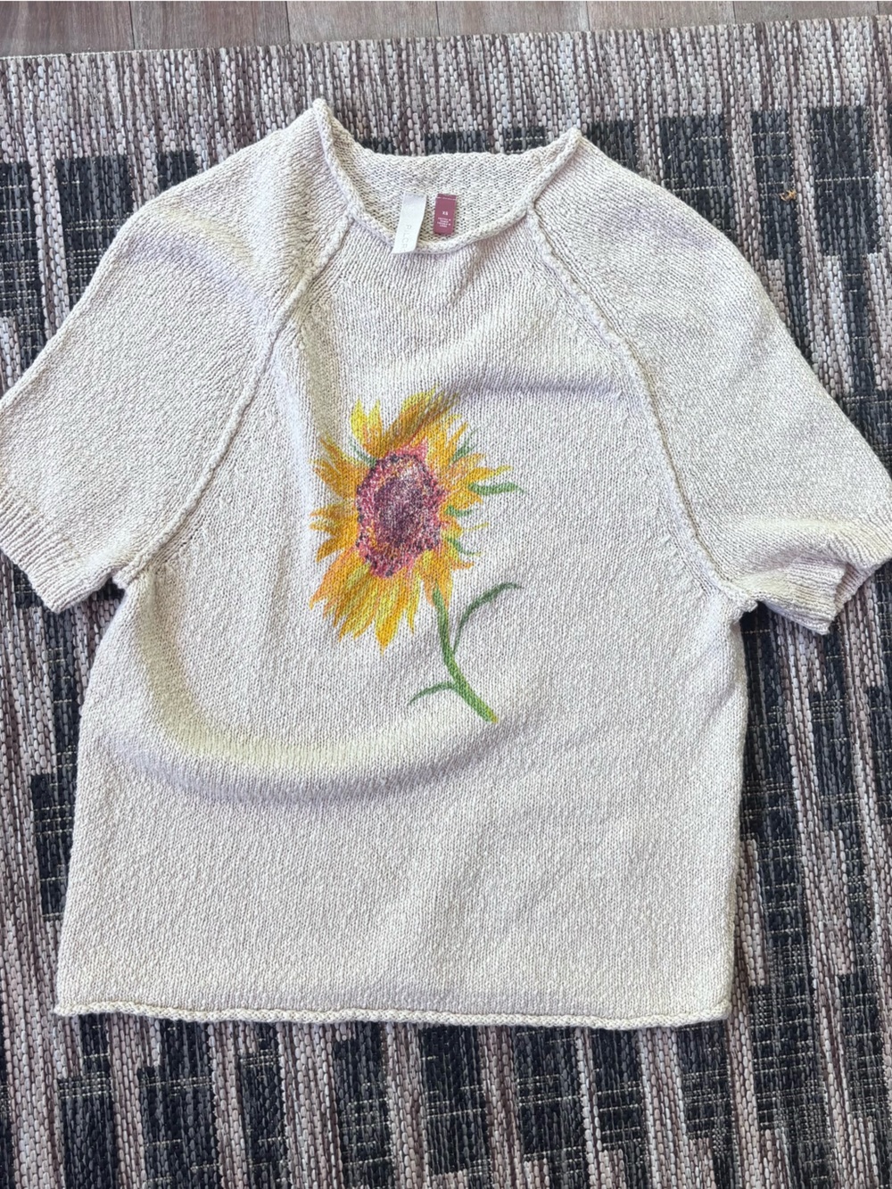 Pilcro Cream Crewneck Sweater with Sunflower Motif